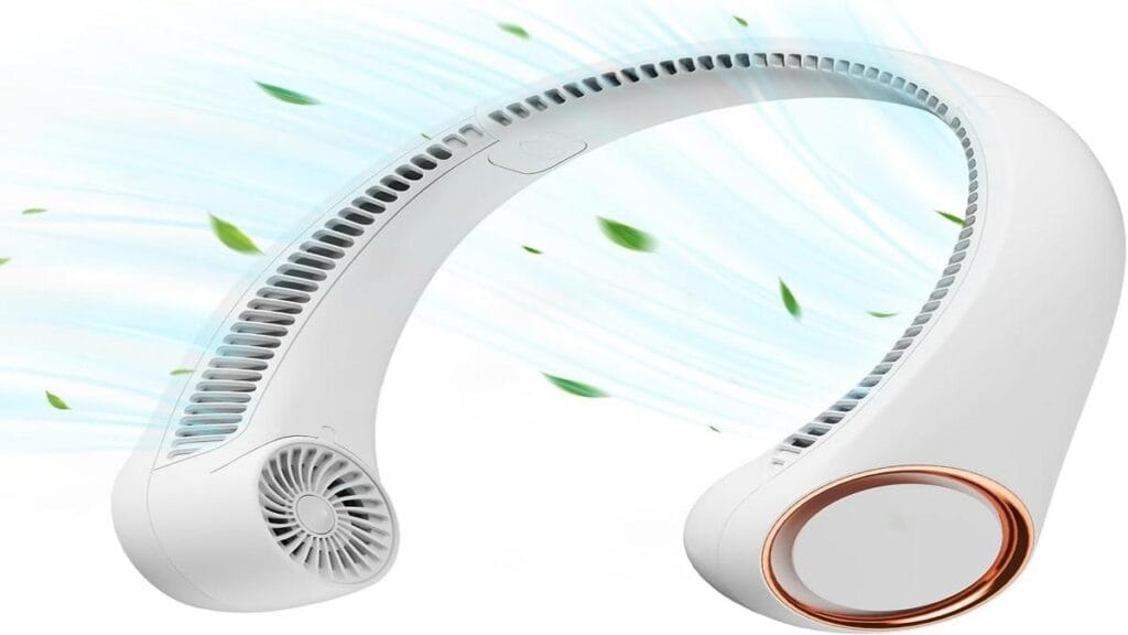 Portable neck fan providing cool comfort; hands-free design with adjustable airflow.