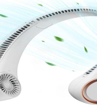 Portable neck fan providing cool comfort; hands-free design with adjustable airflow.