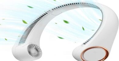 Portable neck fan providing cool comfort; hands-free design with adjustable airflow.
