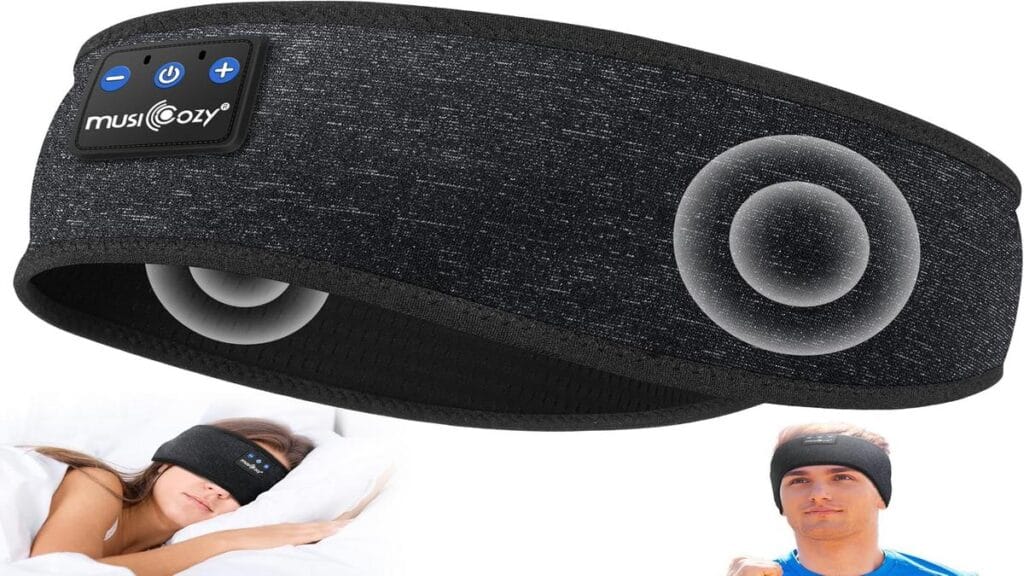 "Black MUSICOZY Sleep Headphones on a white background with highlighted features."