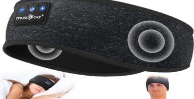"Black MUSICOZY Sleep Headphones on a white background with highlighted features."