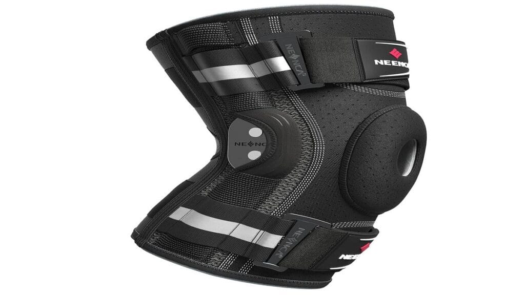 Knee brace with support straps and breathable fabric for enhanced fitness performance.