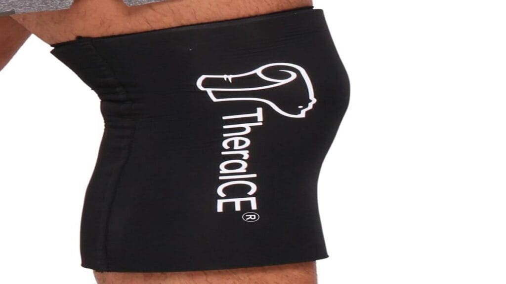Image of the TheraICE Knee Ice Pack Wrap with the text highlighting its benefits.