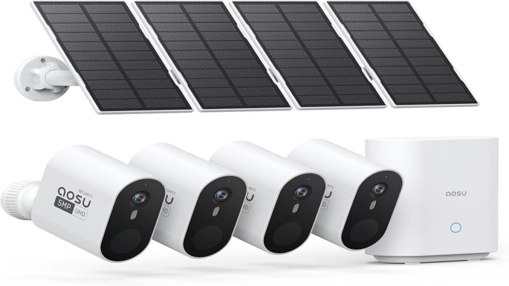 Solar security cameras on house exterior with scenic backdrop, highlighting home upgrade.
