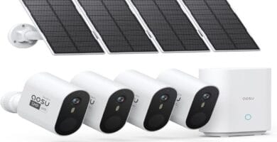 Solar security cameras on house exterior with scenic backdrop, highlighting home upgrade.