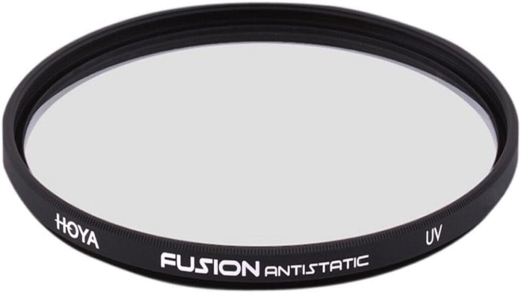 Product image of Hoya Fusion Antistatic UV Filter with text overlay listing 10 reasons to buy.