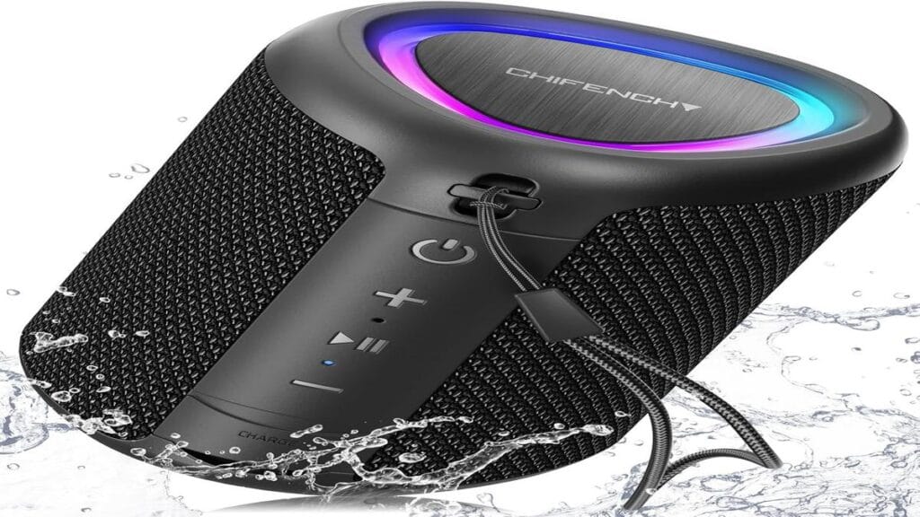 Bluetooth speaker with vibrant lights, perfect for outdoor gatherings and parties.