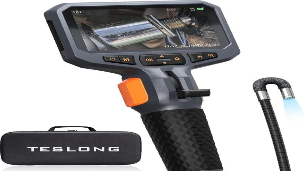 "Teslong Articulating Borescope with display screen shown in a mechanic's workshop"