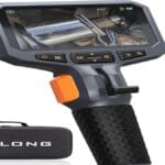"Teslong Articulating Borescope with display screen shown in a mechanic's workshop"