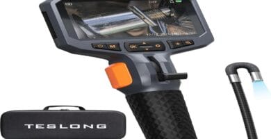 "Teslong Articulating Borescope with display screen shown in a mechanic's workshop"