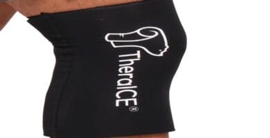 TheraICE Knee Ice Pack Wrap for effective pain relief displayed in sleek black design.