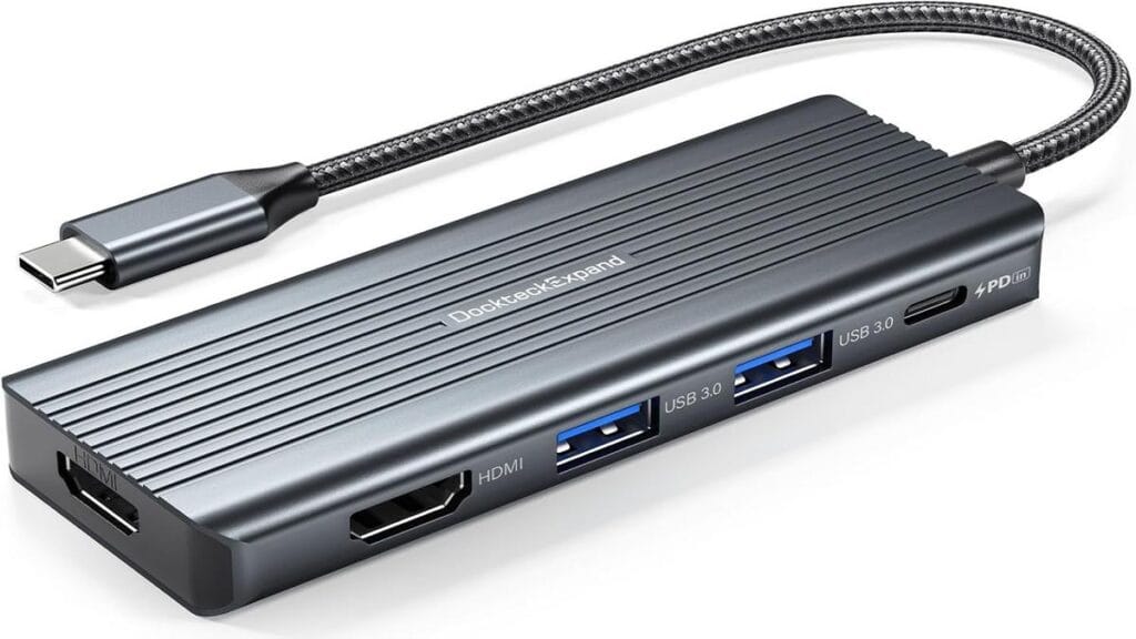 USB C to HDMI Hub with multiple ports, highlighted benefits, and a sleek design.