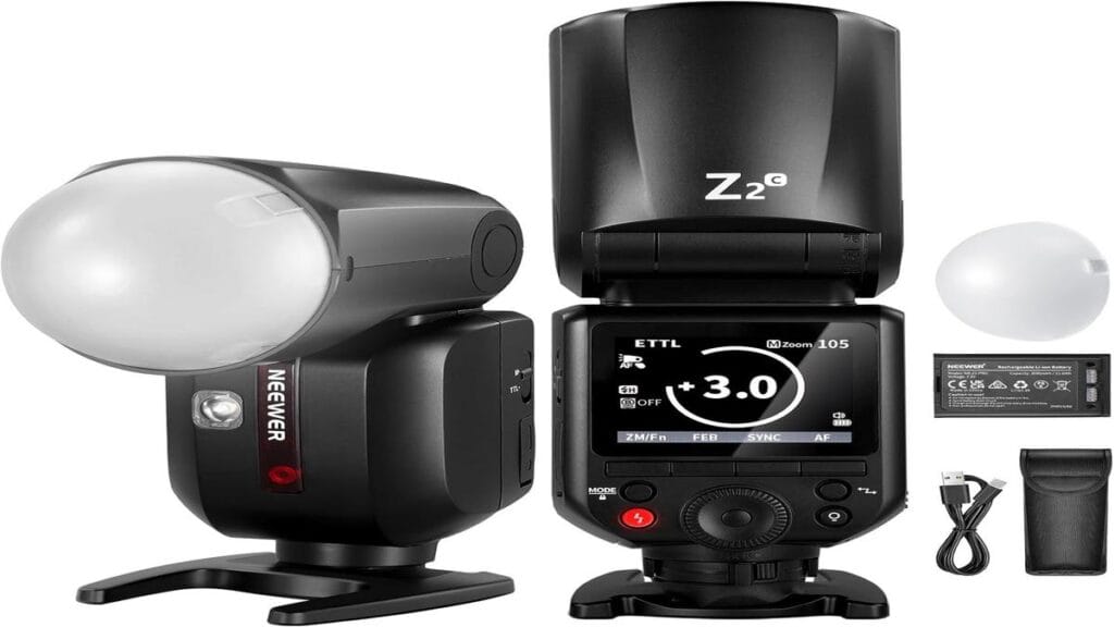 Image of NEEWER Z2-C Flash Speedlite displaying 10 key features for photographers.