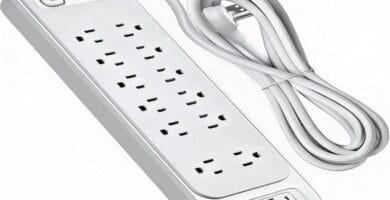 Power strip with surge protector, multiple outlets, and organized cable management.