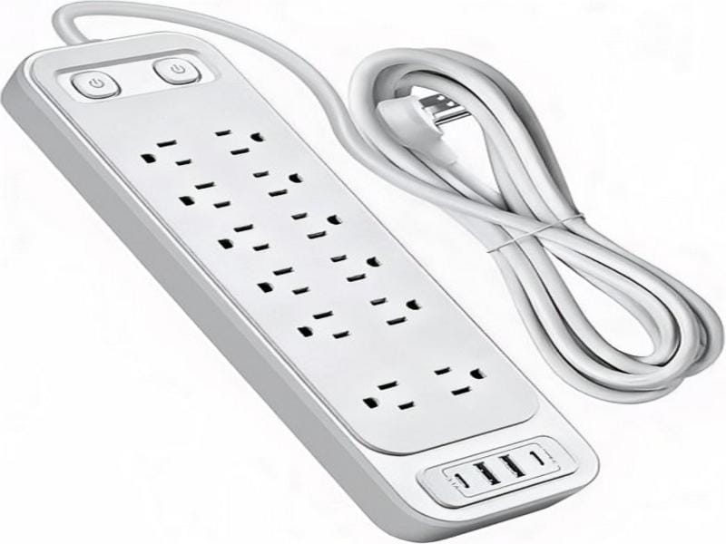 Power strip with surge protector, multiple outlets, and organized cable management.
