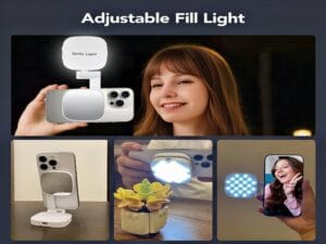 iPhone with MagSafe LED ring light attached, illuminating for a perfect selfie.