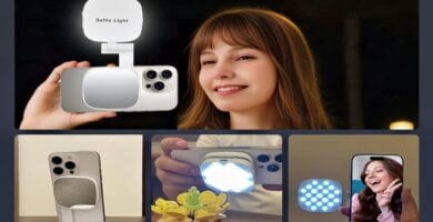 iPhone with MagSafe LED ring light attached, illuminating for a perfect selfie.