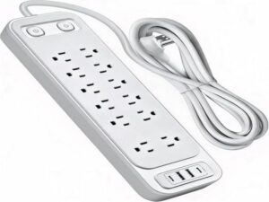 Power strip with surge protection and multiple outlets on a white background.