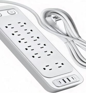 Image of a sleek, modern surge protector with multiple outlets and USB ports against a gray background.