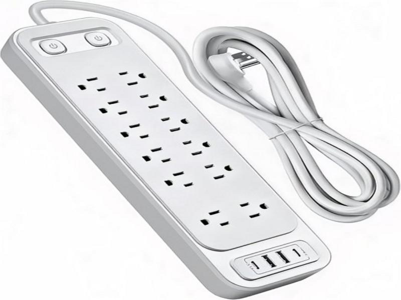 Image of a sleek, modern surge protector with multiple outlets and USB ports against a gray background.