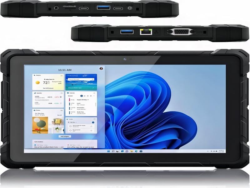 A rugged tablet with 4G and Windows 11, labeled "Unshakeable Tech: Your Ultimate Field Buddy."