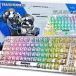 Transformer-inspired keyboard with vibrant light effects on a sleek, modern desk setup.