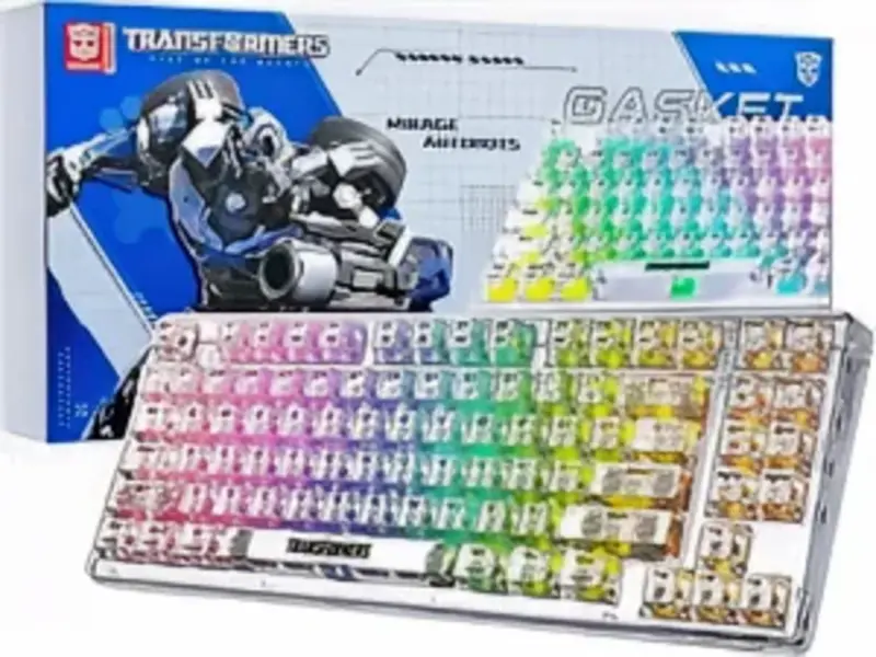 Transformer-inspired keyboard with vibrant light effects on a sleek, modern desk setup.