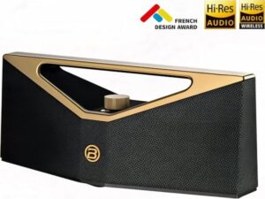 BUGANI Bluetooth Speaker on a rock; rugged, portable design for outdoor sound.