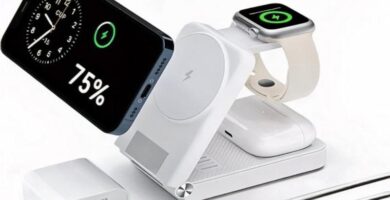 Apple 3-in-1 magnetic charging station sleekly charges iPhone, AirPods, and Apple Watch.