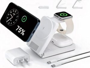 Compact station charging multiple Apple devices simultaneously at lightning speed.