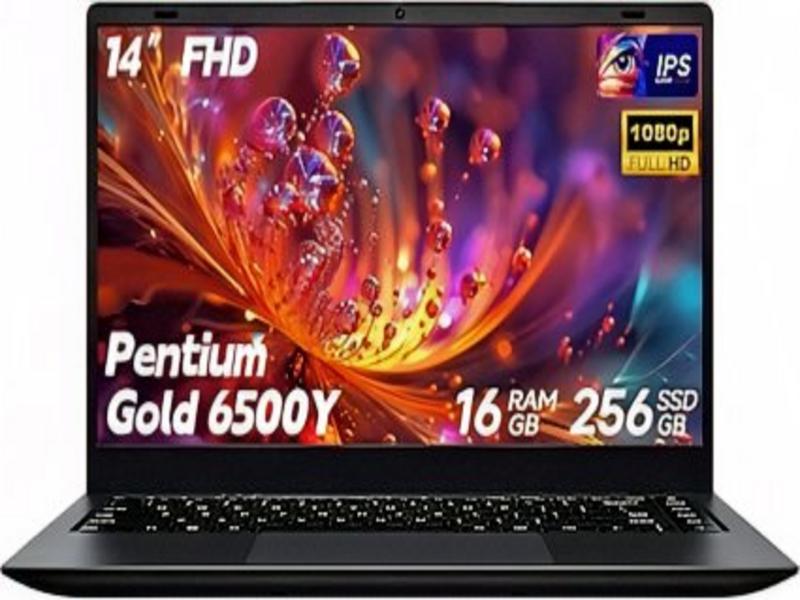 14-inch SHBIV laptop, ultra-slim design, open on wooden desk with green plant.