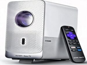 Roku TV projector in action, projecting vibrant screen on a living room wall.