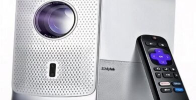 Roku TV projector in action, projecting vibrant screen on a living room wall.