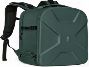"Front view of MOSISO Camera Backpack, black with multiple compartments and adjustable straps."