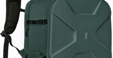 "Front view of MOSISO Camera Backpack, black with multiple compartments and adjustable straps."