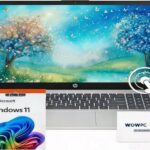 Laptop with blue aurora background, showcasing "Power, Speed, Fun" text.