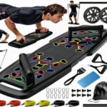 All-in-One Push Up Board Home Gym displayed with various colorful workout configurations.