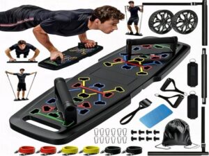All-in-One Push Up Board Home Gym displayed with various colorful workout configurations.