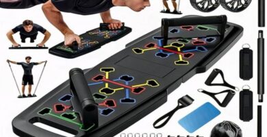 All-in-One Push Up Board Home Gym displayed with various colorful workout configurations.