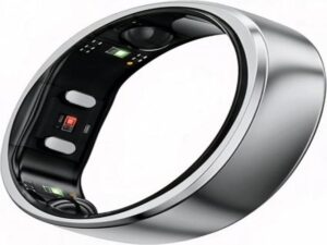 Gold smart ring with health tracking features showcased on a sleek black box.
