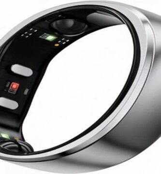 Gold smart ring with health tracking features showcased on a sleek black box.