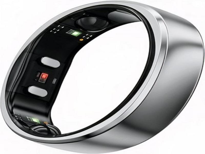 Gold smart ring with health tracking features showcased on a sleek black box.