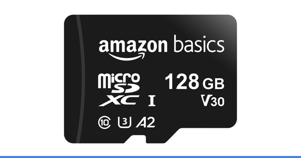 Amazon Basics microSDXC Memory Card with Full Size Adapter, A2, U3, Read Speed up to 100 MB/s, 128GB, Black