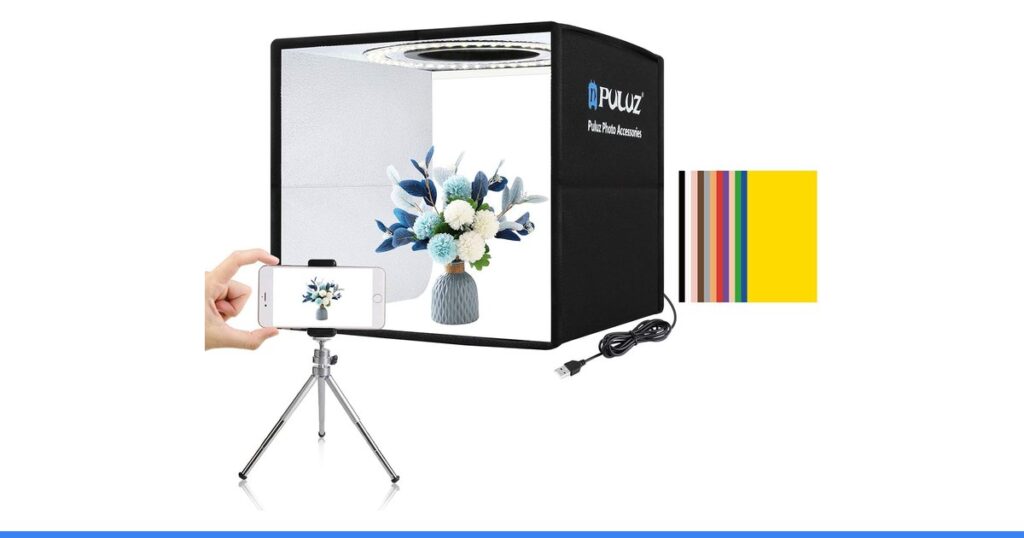 PULUZ Mini Photo Studio Light Box, 10"x10" Portable Folding Photography Lightbox with CRI >95 104pcs LED Light & 6 Kinds Double-Sided Color Backgrounds for Small Products